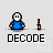 Pixelated character in blue shirt and white head sits beside red-and-green object, with 'DECODE' text below; animation shows object breaking into fragments and character shifting position.