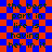 A static image with red and blue checkered background displaying repeated text in black pixelated font.
