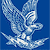 Pixelated blue and white bird with outstretched wings against solid blue background, rendered in low-resolution digital style.