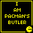 Four identical black square with yellow borders display 'I AM PACMAN'S BUTLER' text and a Pac-Man ghost icon, arranged in a