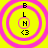 Four identical circular icons with pink concentric rings on a yellow background, each containing vertical text and a pixelated symbol.
