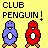 Pixelated 'CLUB PENGUIN!' text above four penguin icons on yellow background, two blue and two red with white belly circles.