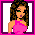 A 4x3 contact sheet of a pixel-art animated buddy icon featuring a cartoon woman in pink, with text variations and partial body views across frames.