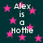 Dark teal background with scattered pink stars and repeated text "Alex is a Hottie" in light gray pixelated font.