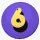 A circular purple icon with a yellow flame-like shape containing the number 6, casting a black shadow on its background.