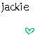 Black pixelated lowercase text 'jackie' on white background with green heart outline in bottom right corner.