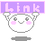 Pixelated character with pink cheeks holds purple banner reading 'Link' above its head, gray background with shadow below.