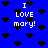 Blue background with scattered black pixelated hearts and repeated white text "I LOVE mary!" in a retro digital style.