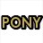 Pixelated image showing the word 'PONY' in bold gold letters with black outlines on left, and a yellow cartoon pony rearing up on right.