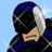 Animated character with blue and silver helmet, black mesh face covering, and orange mouth area, set against light blue background with white starburst effects.