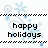 Pixelated holiday-themed icon with 'happy holidays' text, blue snowflakes, and black dotted borders on white background.