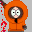 Pixelated character in orange hooded coat with brown trim, white eyes and black pupils, red question marks on left side of frame.