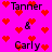 Pixelated icon with bright pink background, red heart symbols scattered throughout, and text reading "Tanner & Carly Tanner" in black pixel font.