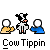 Pixel art animation of a cow tipping two human figures, with red splatter effects and exclamation marks appearing in sequence.