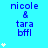 Blue background with repeated text "nicole & tara bffl" and white star icons in varying quantities across three