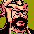 Pixelated 48x48 static icon of a bearded man with glasses, pink hair, and black clothing against olive green background.