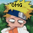 Pixelated anime character with spiky yellow hair and blue headband, wearing white jacket over orange shirt, standing against green foliage background with text above head.
