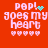 Red background with pink text 'pop! goes my heart' and five pink hearts below, featuring a cyan heart and cyan dots animation.