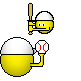 Yellow cartoon character with white helmet holding baseball bat and ball, transitioning through multiple poses including waving, throwing, and hitting a ball.