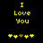 Yellow pixelated text "I Love You" on black background with five heart symbols below, two versions showing different heart color sequences.