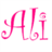 Pixelated pink text 'Ali' with decorative swirls on white background, rendered in low-resolution style.