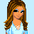 Pixel art of a female character with long brown hair, blue eyes, and a light blue top, displayed in a with text overlays