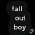 Animated icon with 'fall out boy' text in white and green on black background, floating hearts in pink cyan green, and a static version showing purple text with heart-shaped arms.
