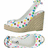 Pixelated high-heeled shoe with colorful dots on the upper, beige wedge sole, and white base; blue text reads "now who doesnt like a sexy shoe?".