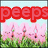 Red 'peeps' text spans the top over a split background of pink flowers and colorful candy-like shapes.