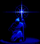 Animated sequence of a blue-robed figure holding a staff with a glowing circular symbol, transitioning through light effects and color shifts.
