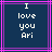 Dark blue background with pink and purple lines, white pixelated text reading "I love you Ari" centered in the frame