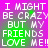 Pixelated text on a gradient background with green and purple hues, displaying 'I MIGHT BE CRAZY BUT MY FRIENDS LOVE ME!!' in white block letters.