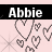 Animated buddy icon featuring the name 'Abbie' above a pattern of pixelated hearts on a light pink background with black header bar.