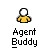 Animated contact sheet of a pixel art character in multiple poses and states with green energy effects, labeled "Agent Buddy" below each frame on gray background.