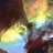 Pixelated abstract composition with blended warm and cool tones, featuring yellow-orange gradients transitioning into blue-green hues against dark brown background elements.