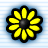 Pixelated flower icon with yellow petals, black outlines, and a dark gray center on light blue striped background.