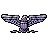 Pixelated bird with outstretched wings, purple and white checkered pattern on body and wings, black outlines, gray background.