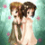 Two anime-style figures in light pink dresses stand side-by-side against a teal background with floating flower shapes, one figure's hair has a purple flower accessory.