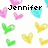 Pixelated heart-shaped icons in pink, cyan, green, and yellow float against a white background with the name 'Jennifer' in black pixelated text.