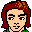 Pixel art avatar with red hair and green clothing showing two facial expressions: one with open eyes, the other with closed eyes.