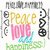 Pixelated icon with layered text 'Peace', 'Love', and 'Happiness' in yellow, pink, and green hues over a white background.