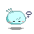 Pixelated light blue character with antennae, pink cheeks, and a small shadow on gray background showing sequential expressions including question marks, thought bubbles, and sleeping Zs.