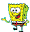 Pixelated yellow sponge character with green hair, white shirt, brown shorts, red tie, black shoes; left arm extended right leg lifted in motion.