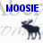 Blue pixelated text 'MOOSIE' above a dark gray moose silhouette on white background with faint light gray outlines.