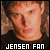 Pixelated close-up of a person's face with light skin tone, brown hair, and dark clothing; white text 'JENSEN FAN' at bottom.