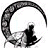 A grayscale circular frame with a textured border encloses a stylized figure holding an object against a white background, next to green pixelated text on dark green.