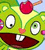 Pixelated green cartoon character with large eyes, red nose, wide open mouth showing teeth, and a cherry on top of its head against a light blue background.