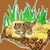 A pixelated image shows a brown animal with black eyes resting on a yellow surface beneath green spiky foliage against a solid brown background.