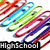 Colorful paper clips in red, blue, green, pink, purple arranged diagonally with 'HighSchool' text on black bars below each clip set.