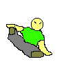 A pixelated figure in a green shirt and gray pants performs sequential stretching poses against a solid light gray background.